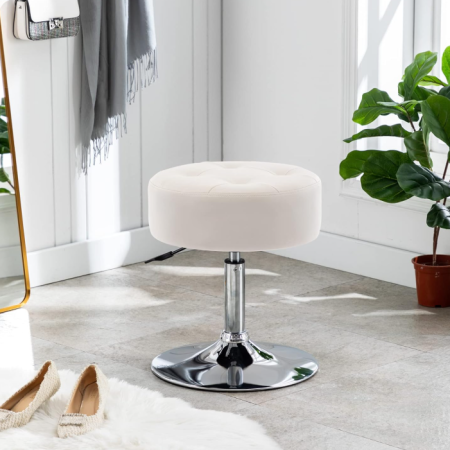 PU Leather Vanity Stool Makeup Stool Vanity Chair Height Adjustable Swivel Stool Round Ottoman White