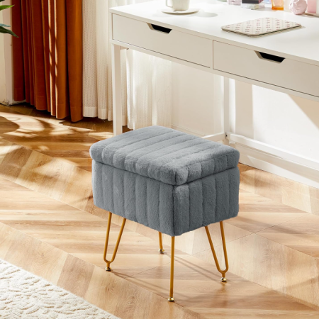 Vanity Stool Chair with Storage, Ottoman Faux Fur Soft Padded Makeup Footstools Seat with 4 Metal Legs Anti-Slip Adjustable Feet Modern Cute Small Footrest for Home Entryway Bedroom Pink