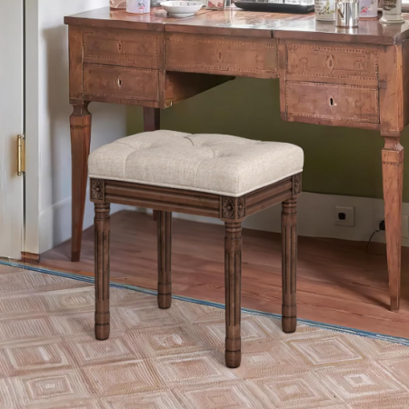 Upholstered Fabric Vanity Bench Seat, Makeup Stools for Vanity, Square Tufted Ottoman Bench with Carved Dark Brown Legs for Bedroom Living Room, Linen Color